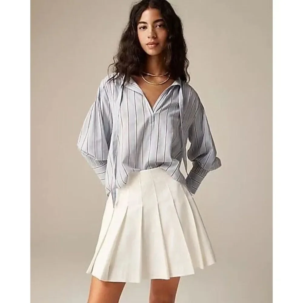 J.Crew Striped Women M  V-Neck Tie Top Light Blue Cotton-Blend Dobby Preppy